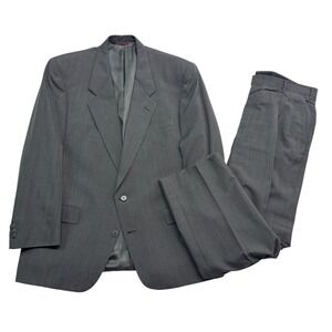 vtg 90s Hart Schaffner Marx 43R 36x30 Gray Stripe 2pc Pant Suit Wool USA Pleated